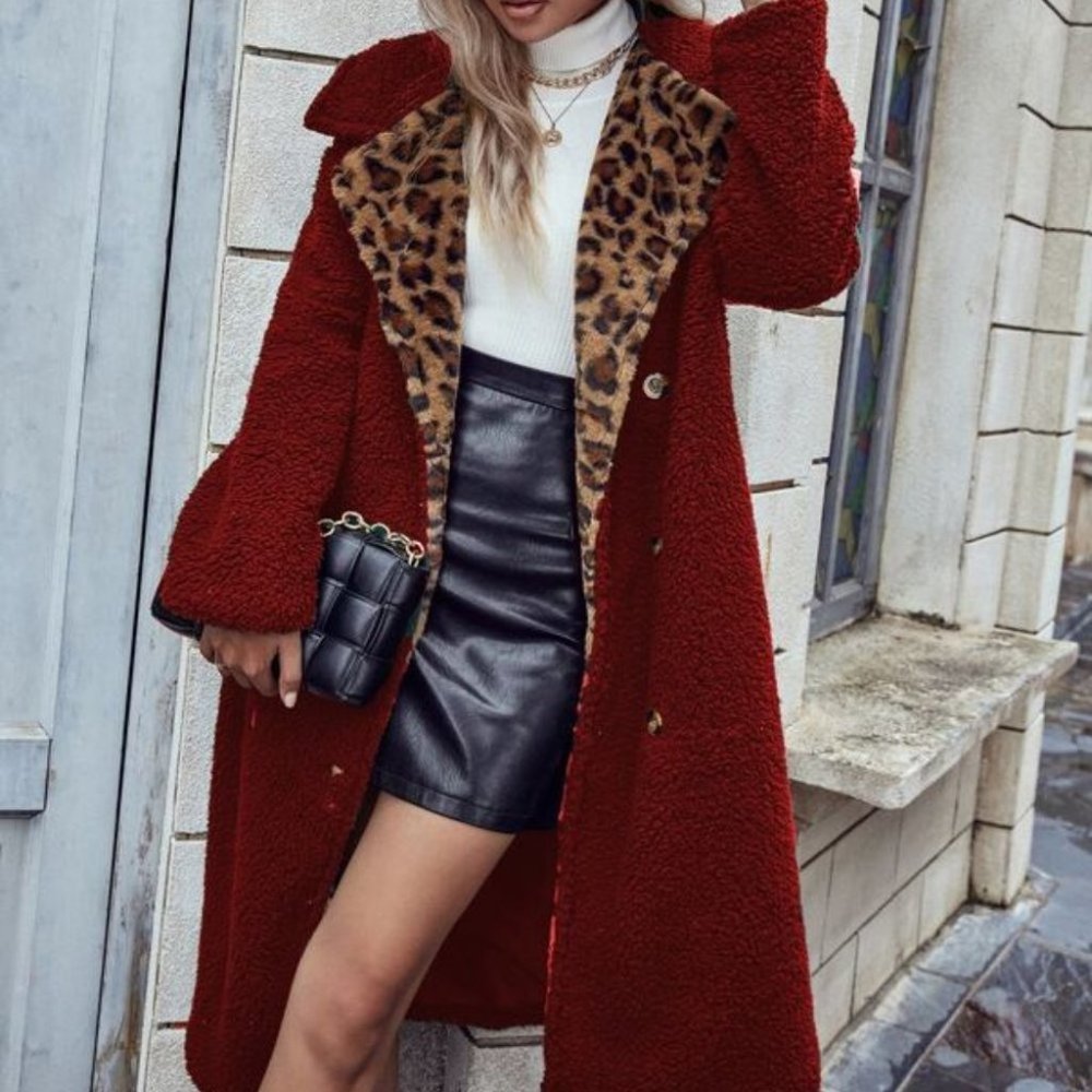Leopard Panel Double Breasted Teddy Coat